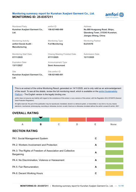 amfori BSCI monitoring summary report, overall rating B