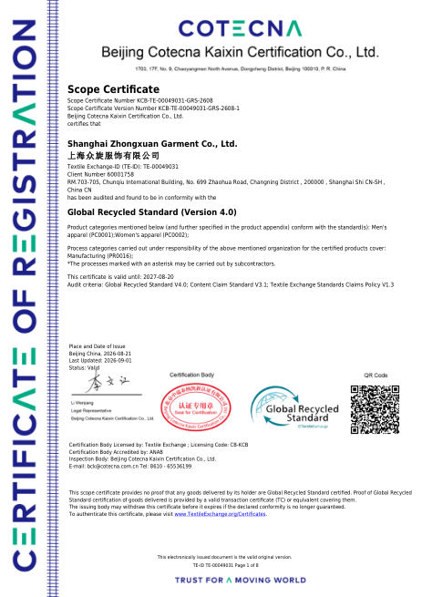 Global Recycled Standard (GRS) scope certificate